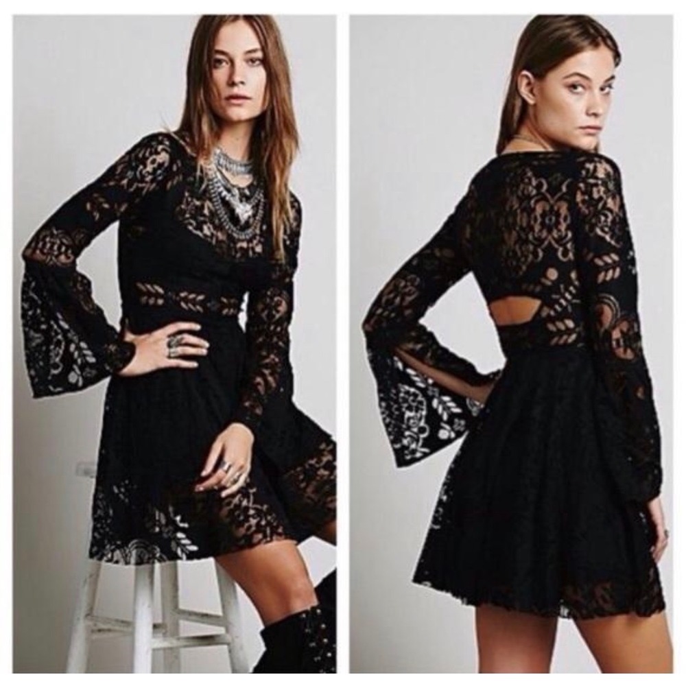 Free People Lovers Folk Song Dress Size 2 Black Lace Bell Sleeve Cutout Back